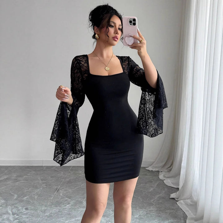 Women's form-fitting mini dress with square neckline and flared lace sleeves Mune Fashion