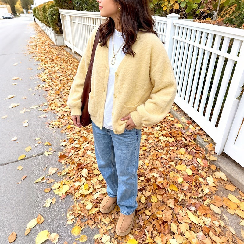 Women's Cozy Oversize Cardigan made of Teddy Fleece with V-Neck, patch pockets & ribbed cuffs