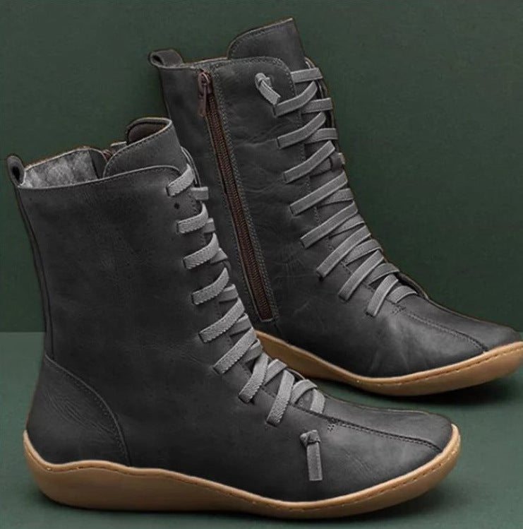 Women's ankle-high lace-up boots with side zipper and shock-absorbing rubber sole Mune Fashion