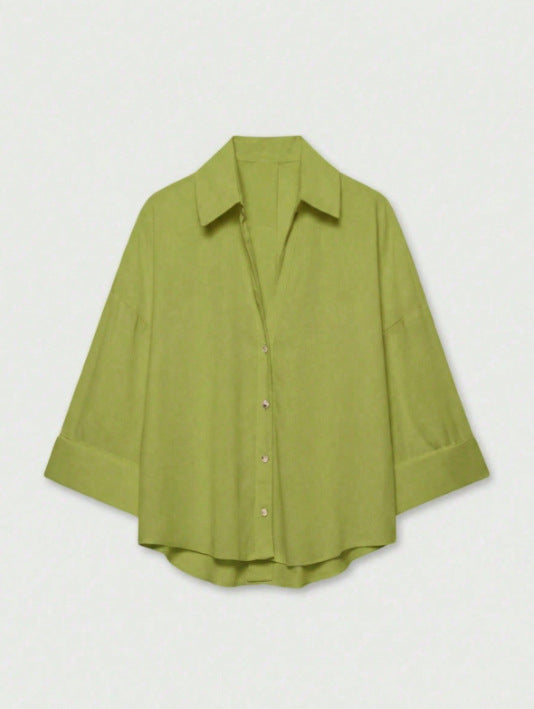 Women's Lightweight Oversized Linen Look Blouse with Three-Quarter Sleeves and Full Button Placket Mune Fashion