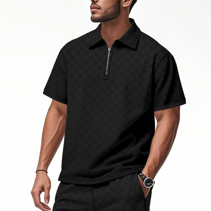 Men's short half-zip polo shirt made of structured waffle piqué with shirt collar and fitted silhouette Mune Fashion