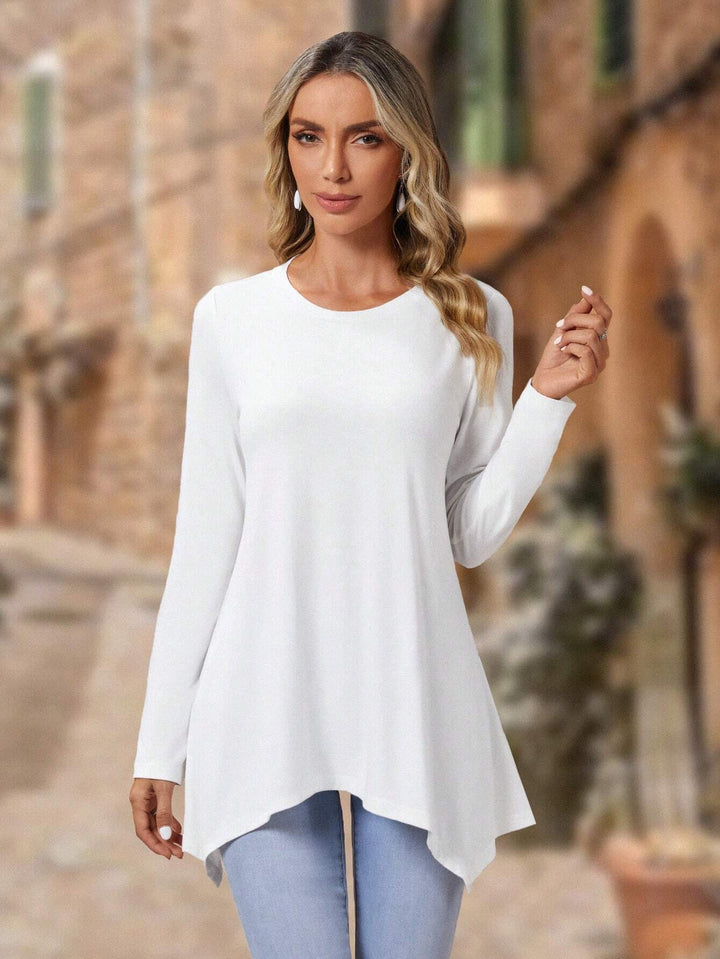 Women's Long A-Line Tunic Top with Round Neck and Asymmetrical Hem Drune