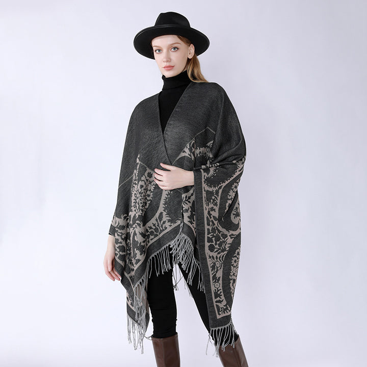 Women's Oversize Cloak Poncho with Floral Medallion Jacquard and Fringe Hem Mune Fashion