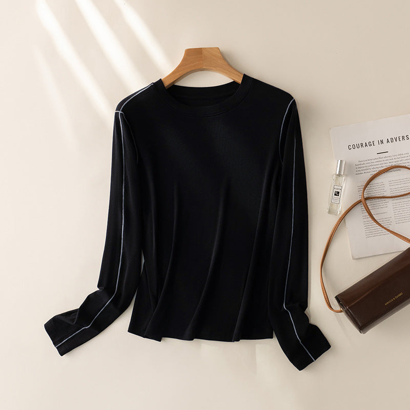 Women's Fine Long Sleeve Fine Knit Shirt with Contrast Piping on the Sleeves Mune Fashion