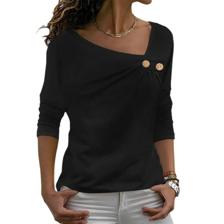 Women Long Sleeve Shirt with Asymmetrical Neckline and Decorative Buttons Mune Fashion