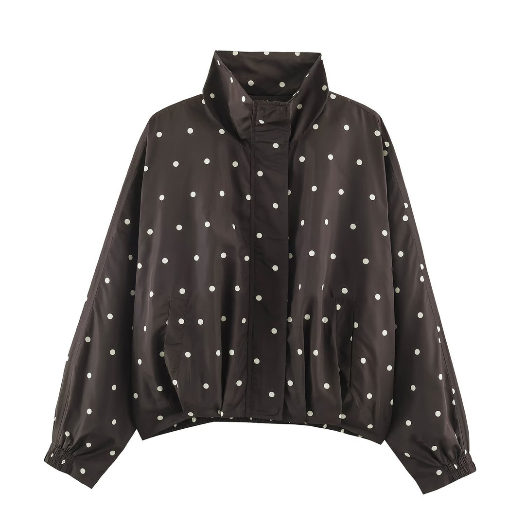 Women's Oversize Windbreaker with Dot Print, High Standing Collar and Elastic Hem Mune Fashion