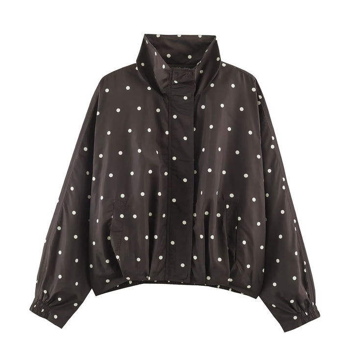 Women's Oversize Windbreaker with Dot Print, High Standing Collar and Elastic Hem Mune Fashion