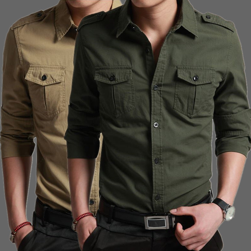 Men's Slim-Fit Utility Shirt with Shoulder Flaps and Flap Pockets Mune Fashion