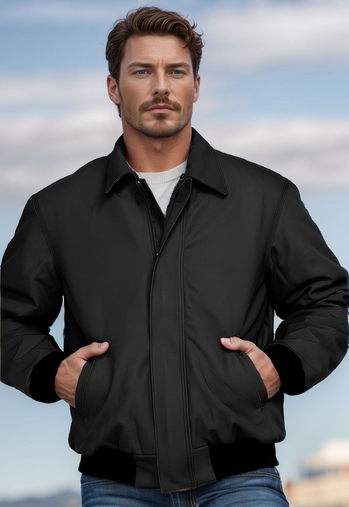 Men's short bomber jacket made of soft synthetic leather with ribbed cuffs Mune Fashion