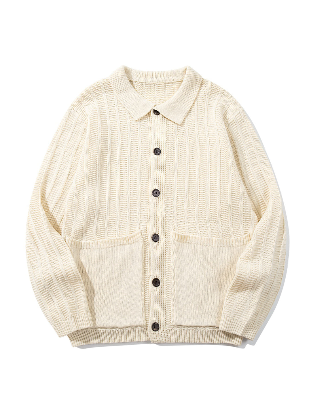 Unisex Textured Knit Cardigan with Shirt Collar and Patch Pockets Mune Fashion