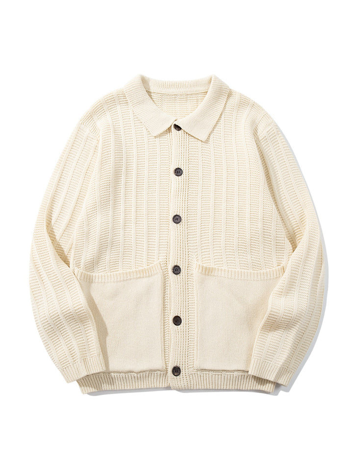 Unisex Textured Knit Cardigan with Shirt Collar and Patch Pockets Mune Fashion