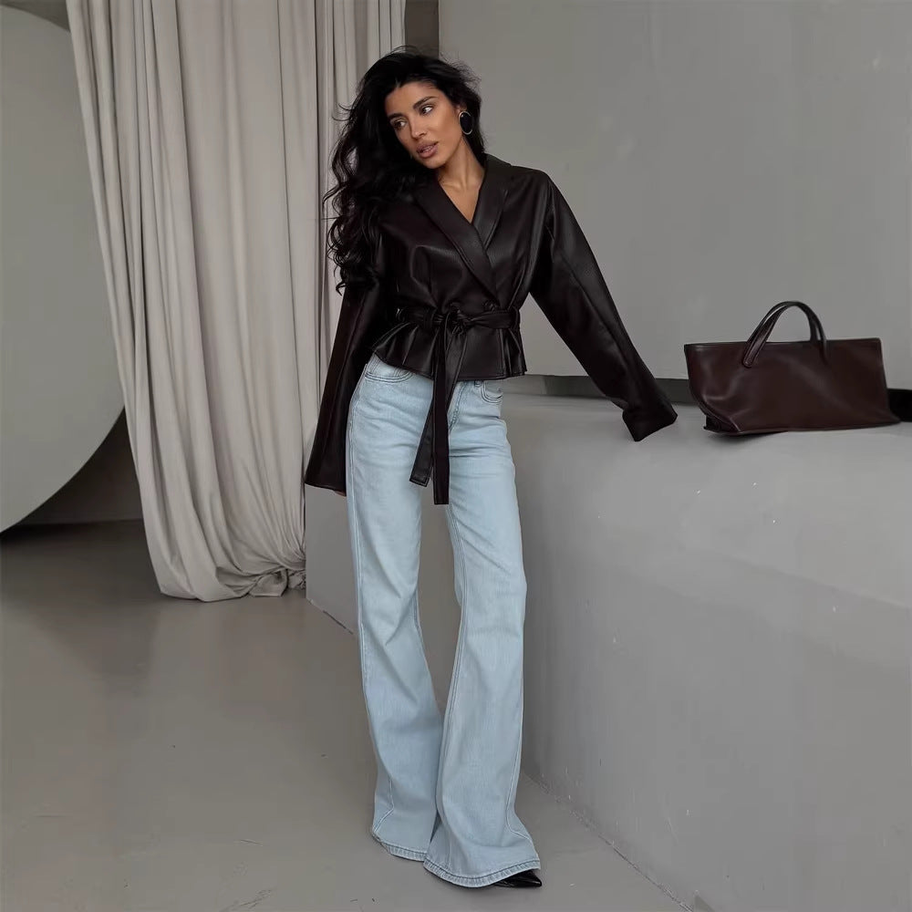 Women's Tailored Faux Leather Jacket with Peplum, Belt & Shawl Collar Mune Fashion