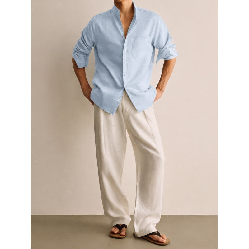 Men's Lightweight Linen Shirt with Stand-Up Collar and Chest Pocket Mune Fashion