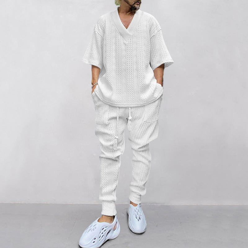 Men's casual knit set with V-neck and drawstring jogger pants Mune Fashion