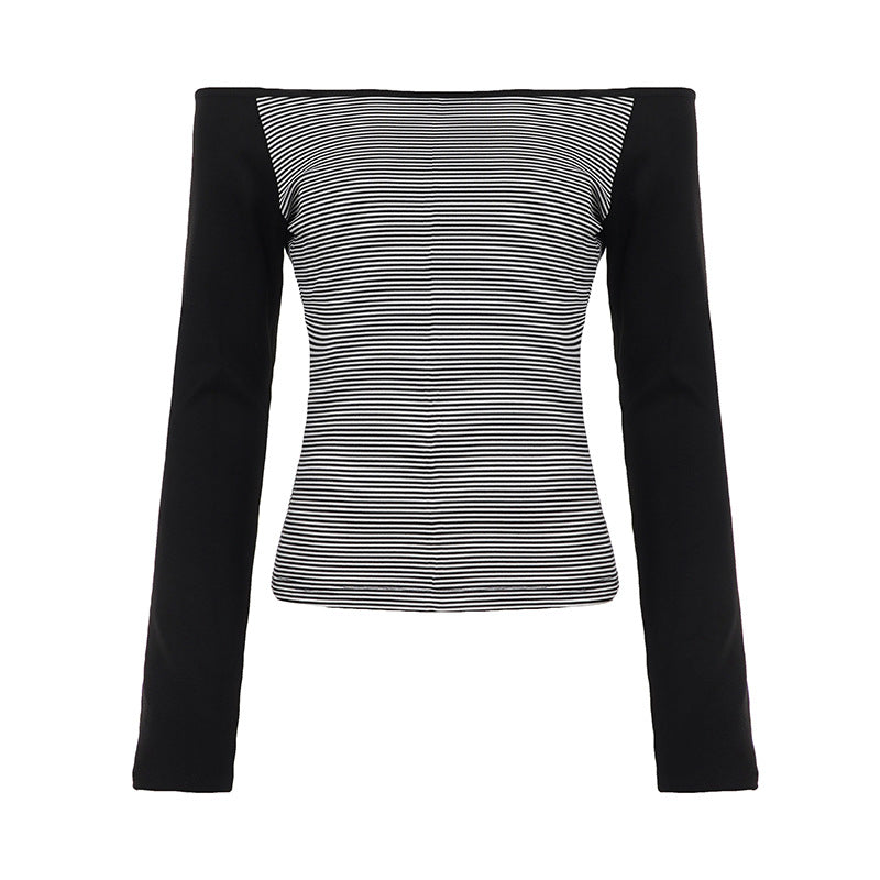 Women's fitted raglan long sleeve shirt with fine striped jersey, narrow waist, and elastic stretch material Mune Fashion
