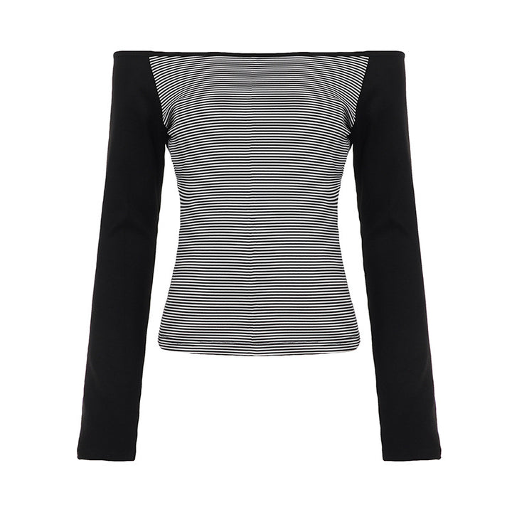 Women's fitted raglan long sleeve shirt with fine striped jersey, narrow waist, and elastic stretch material Mune Fashion
