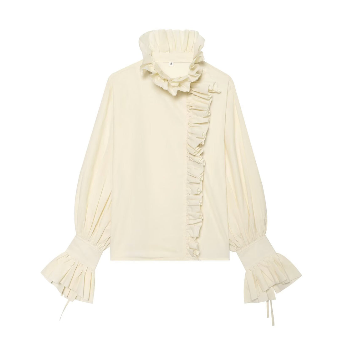 Women's ruffled blouse with high stand-up collar, asymmetrical frill trim and balloon sleeves Mune Fashion