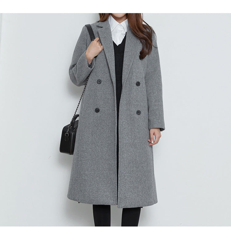 Women Long Cut Wool Blend Coat in Minimalist Double-Breasted with Deep Lapel Mune Fashion