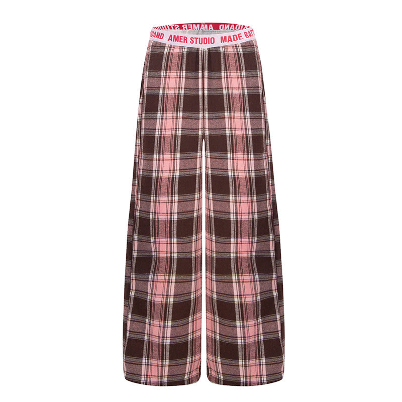 Ladies Wide Lounge Pants with Check Pattern and Elastic Logo Waistband Mune Fashion