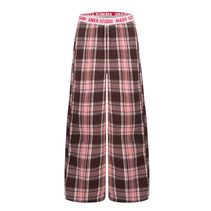 Ladies Wide Lounge Pants with Check Pattern and Elastic Logo Waistband Mune Fashion