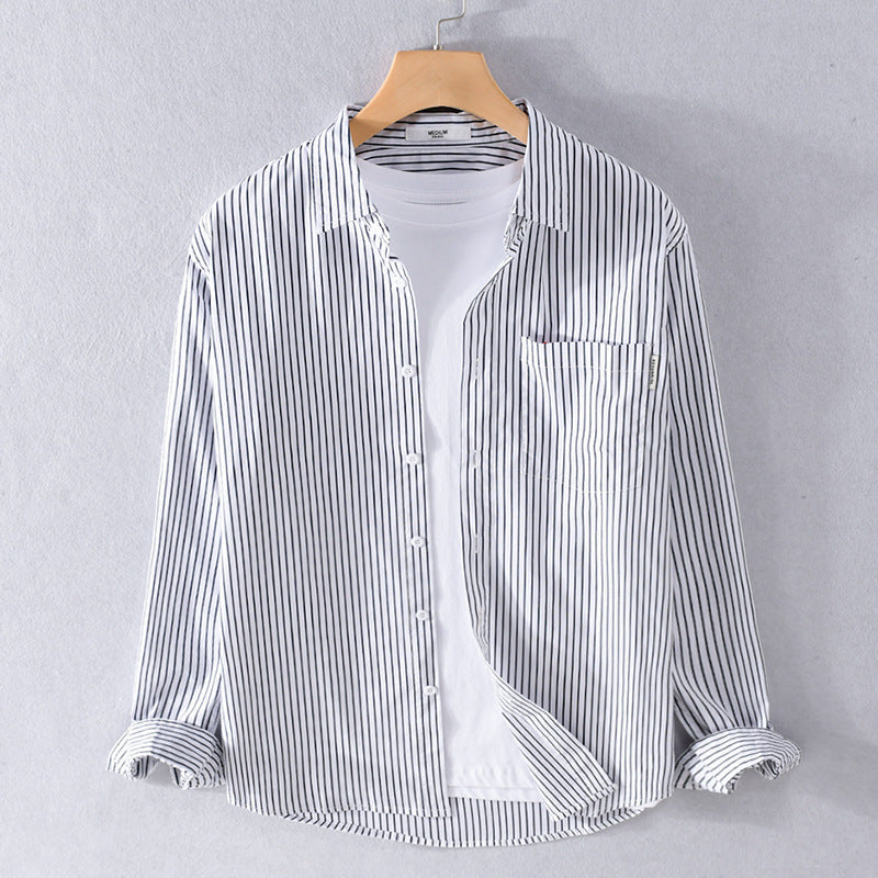 Men's Lightweight Long Sleeve Shirt Made of Cotton Blend with Fine Vertical Stripes and Chest Pocket Mune Fashion