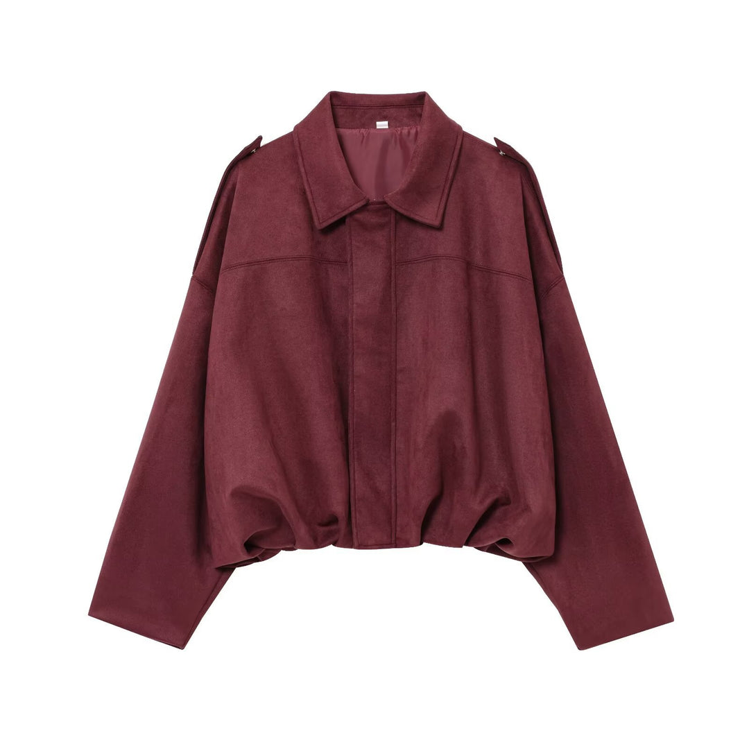 Women's Cropped Suede Look Blouson Jacket with Waist Smocking and Shoulder Patches Mune Fashion