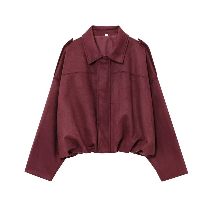 Women's Cropped Suede Look Blouson Jacket with Waist Smocking and Shoulder Patches Mune Fashion