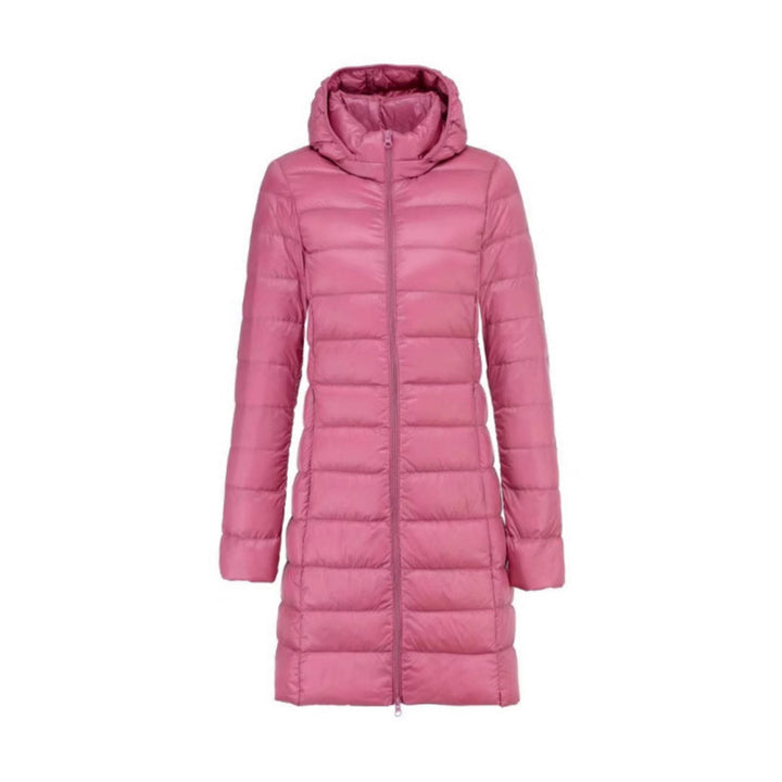 Women Long Cut Ultra-Light Thermal Parka with Contoured Silhouette and Hood Mune Fashion