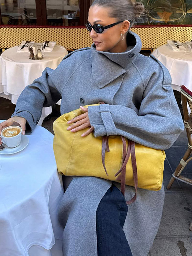 Ladies Oversize Coat made of Wool Mix with High Stand-Up Collar and Asymmetrical Button Placket Mune Fashion