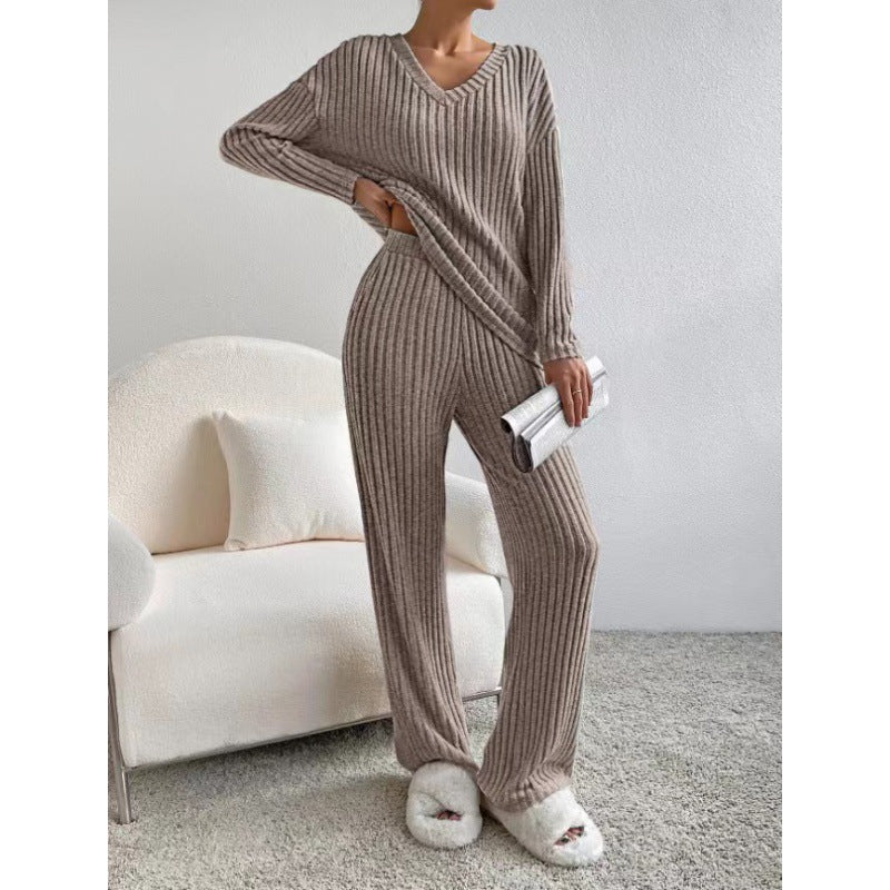 Women Cozy Ribbed Knit Loungewear Set with V-Neck and Wide Leg Mune Fashion