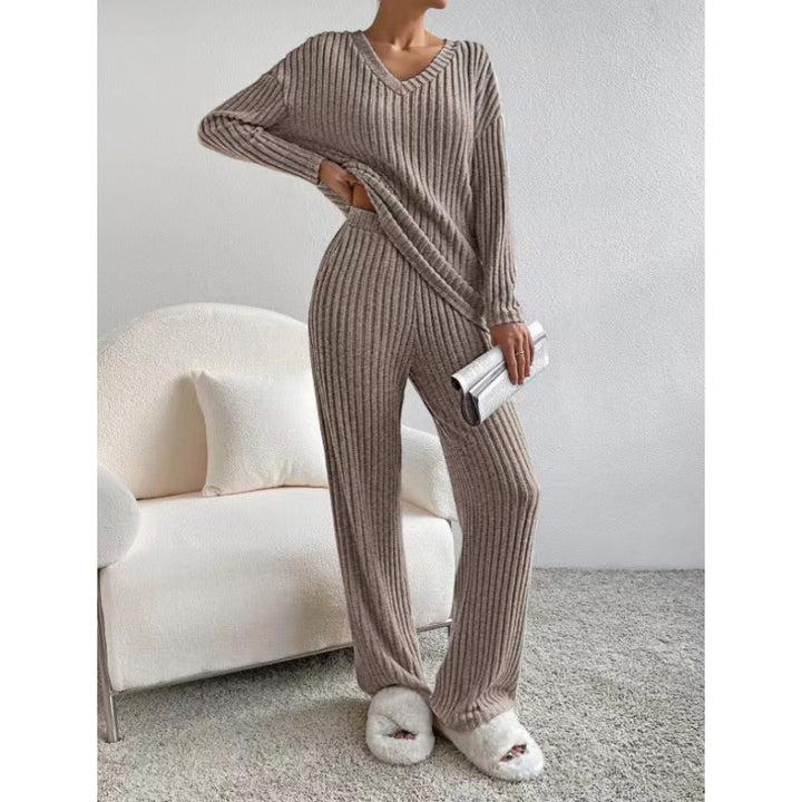 Women Cozy Ribbed Knit Loungewear Set with V-Neck and Wide Leg Mune Fashion