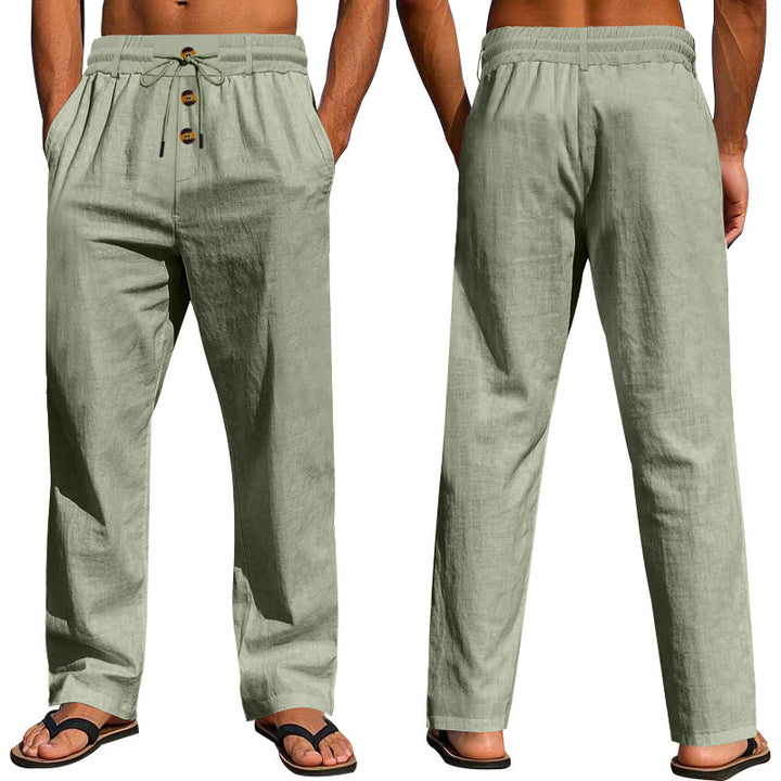 Men's casual linen relax pants with elastic tunnel drawstring waistband, cord drawstring and decorative button placket Mune Fashion