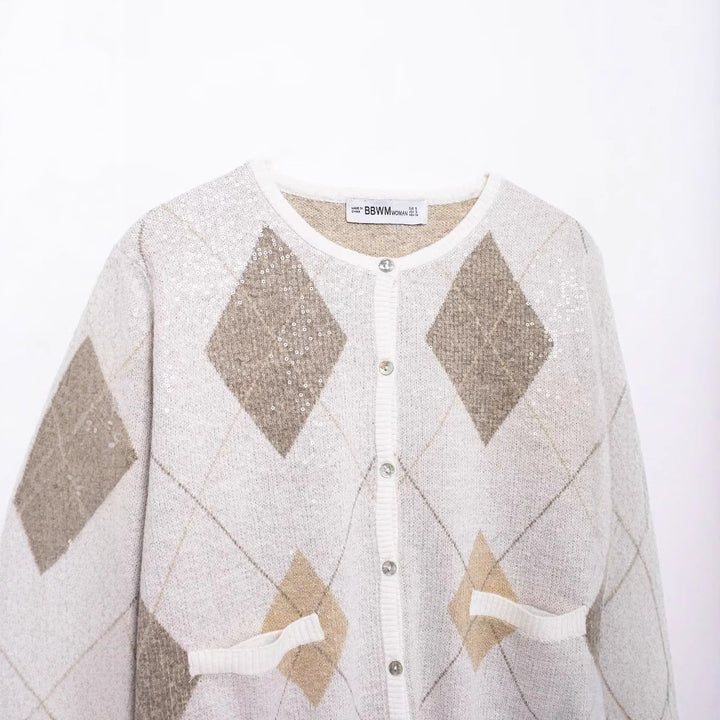 Women’s short cut cardigan with diamond sequins and patch pockets Mune Fashion