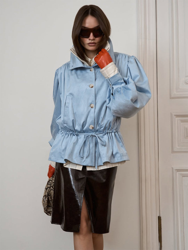 Women's short jacket with voluminous sleeves, drawstring waistband, and stand-up collar Mune Fashion
