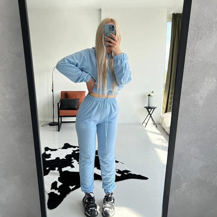 Women Cropped Zip Hoodie with Elastic High-Waist Jogging Pants Mune Fashion