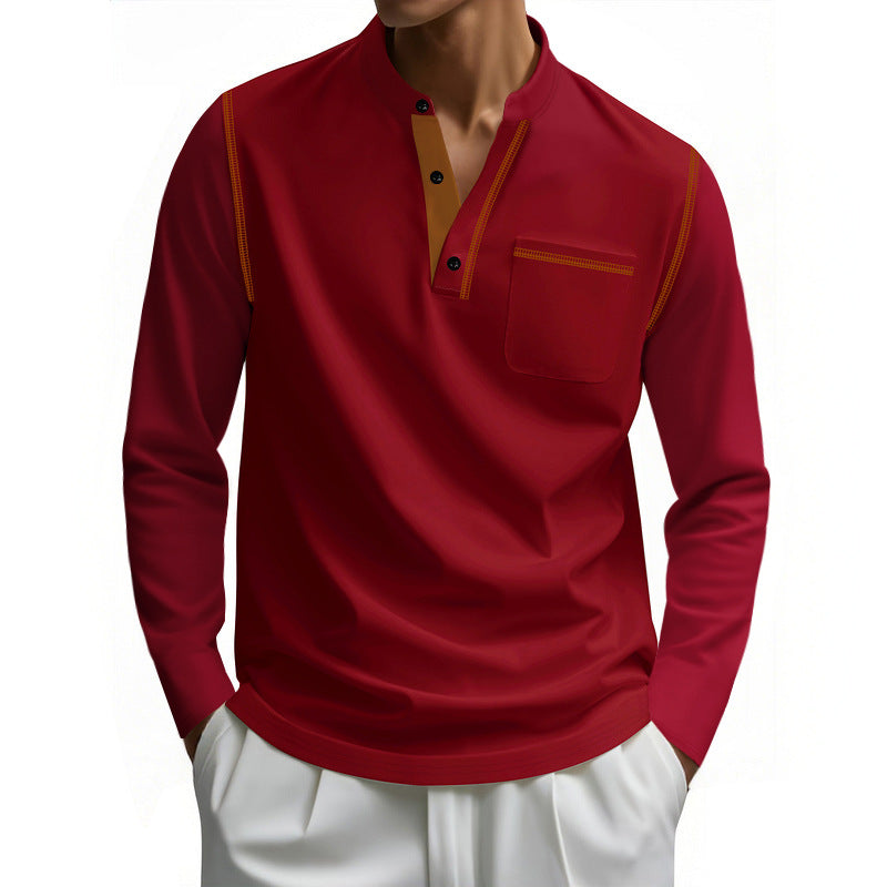 Men's Henley Long Sleeve Shirt with Stand-Up Collar, Chest Pocket and Contrasting Decorative Stitches Mune Fashion