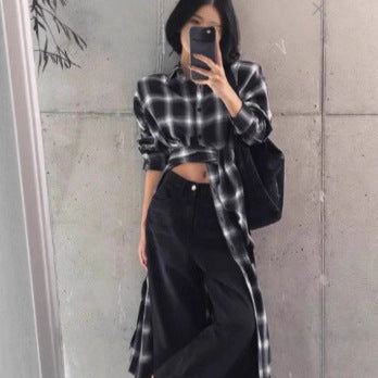 Women's long checkered shirt in oversized cut with waist knot detail and side slits Mune Fashion