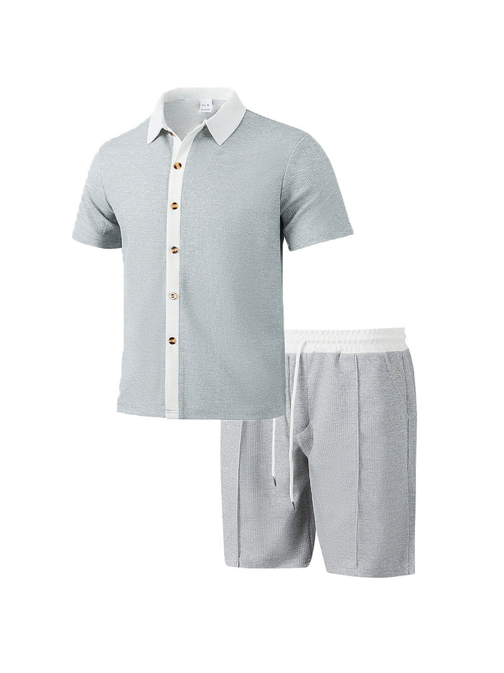 Men's modern leisure set made of fine textured jersey with shirt collar button placket and drawstring shorts Mune Fashion