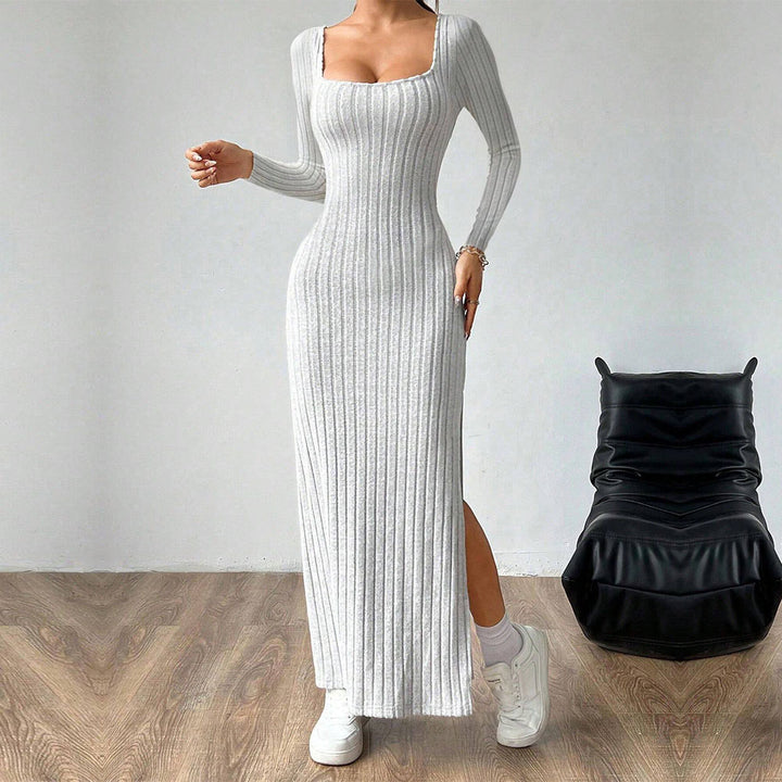 Women's figure-hugging ribbed maxi dress with square neckline and side leg slit Mune Fashion