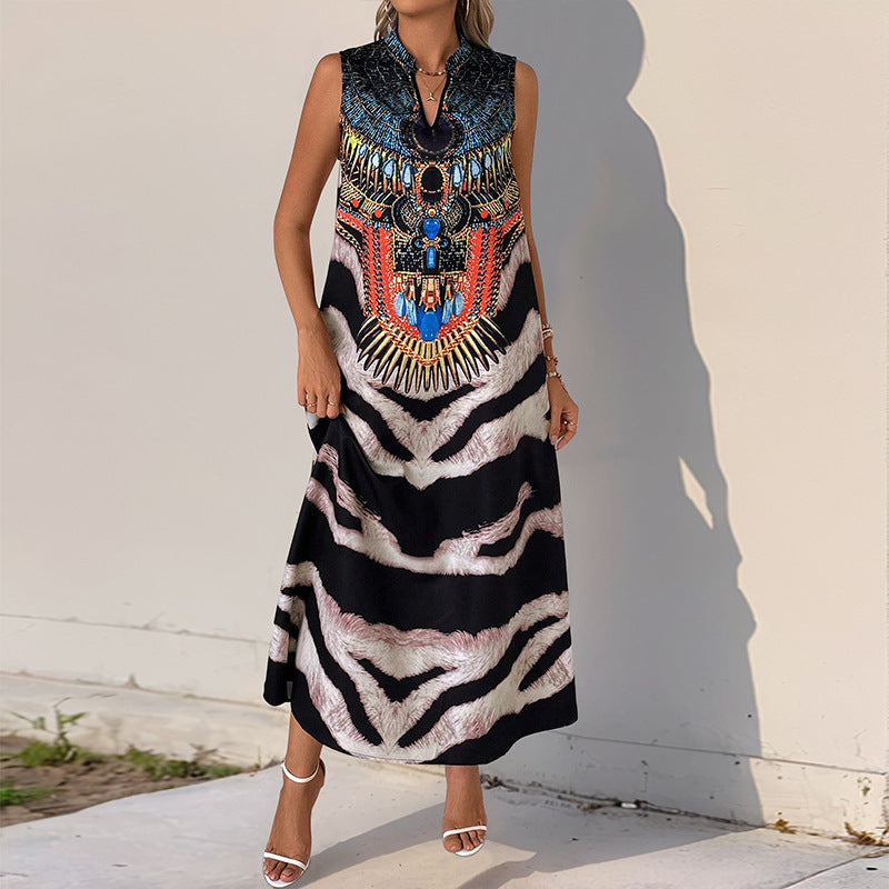 Women's Sleeveless Maxi Dress with Statement Neck Print, Ethnic Motif and Flared A-Line Silhouette Mune Fashion