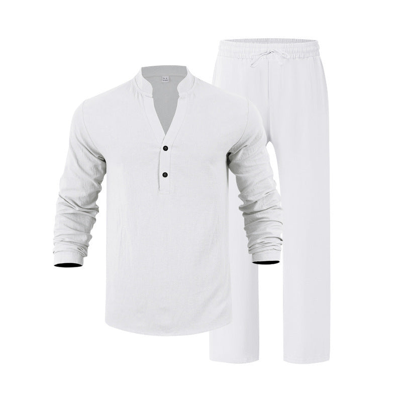 Men's nan casual Henley set in lightweight linen look with stand-up collar and elastic drawstring pants Mune Fashion