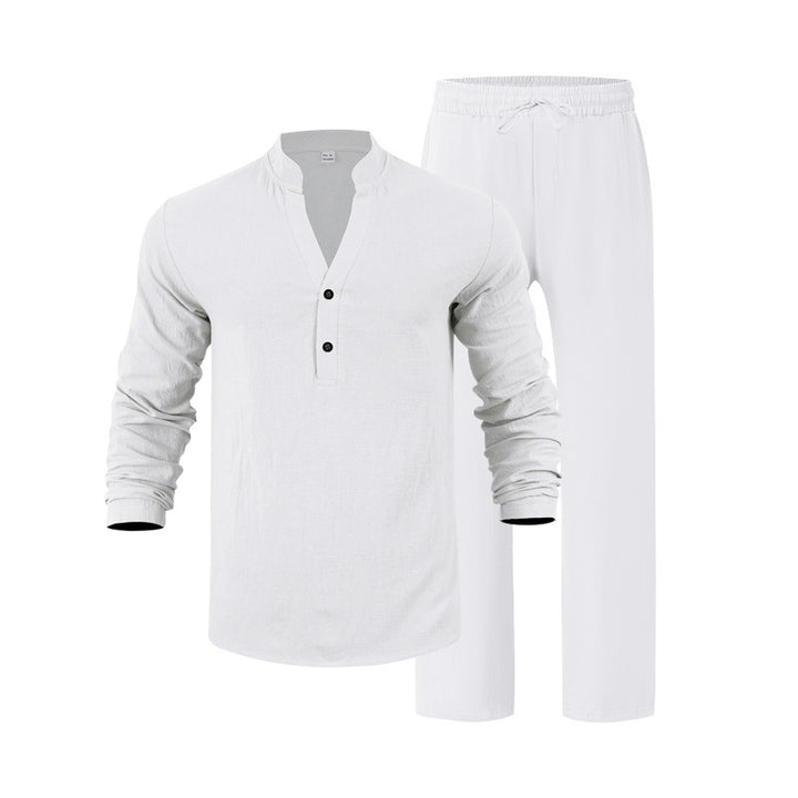 Men's nan casual Henley set in lightweight linen look with stand-up collar and elastic drawstring pants Mune Fashion