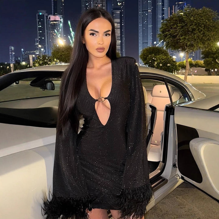 Women Glittering Mini Party and Cocktail Dress with V-Neck, Long Sleeves and Feather Cuffs Mune Fashion
