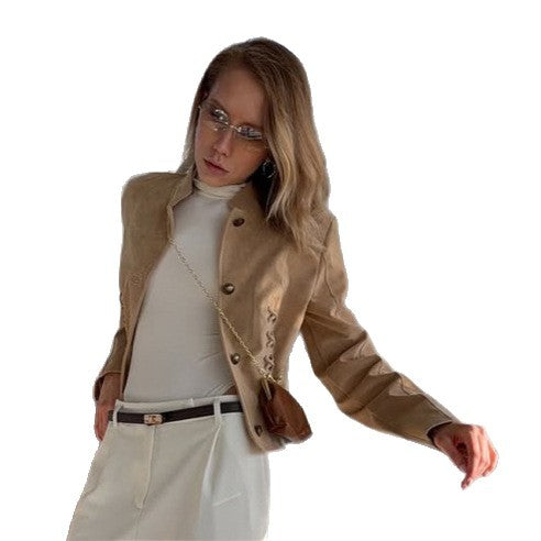 Women's short blazer made of suede with a fitted lace-up corset and stand-up collar Mune Fashion
