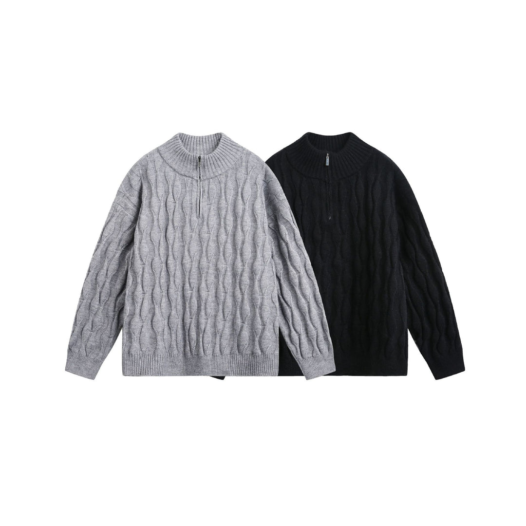 Unisex Chunky Knit Halfzip Sweater with Cable Pattern and Stand-up Collar Mune Fashion