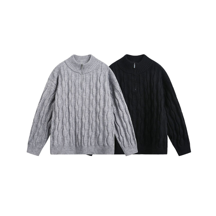 Unisex Chunky Knit Halfzip Sweater with Cable Pattern and Stand-up Collar Mune Fashion