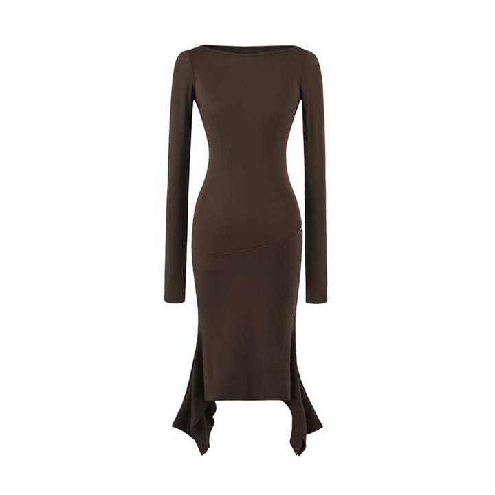 Women Figure-Hugging Midi Dress with Asymmetrical Hem and Panel Design Mune Fashion