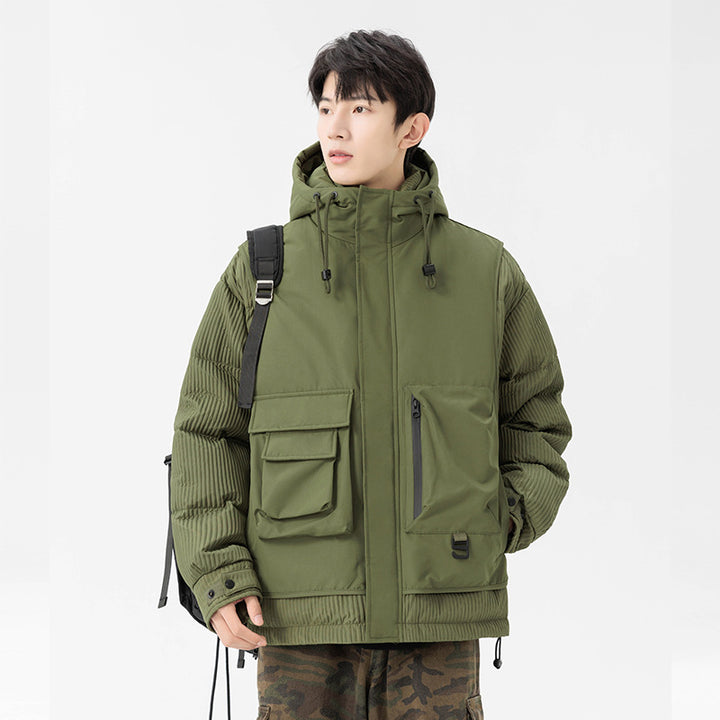 Herren Gepolsterte Winterjacke mit Kapuze, gesteppte Ärmel und Cargo-Taschen Mune Fashion