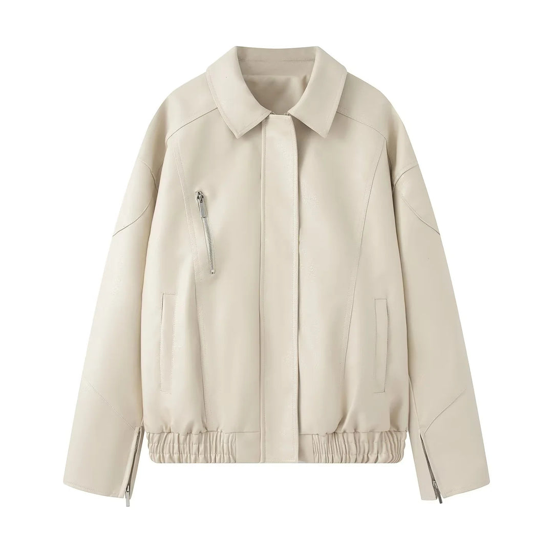 Women nan oversized faux leather bomber jacket with elastic hem and angled zip pocket Mune Fashion