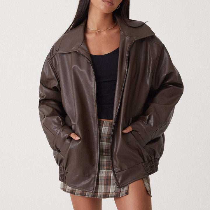 Women Oversize Faux Leather Blouson with Zipper and Elastic Hem Mune Fashion